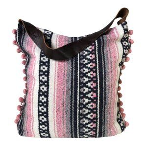 Oversized, large 'carpet' or tapestry style bag with pompoms